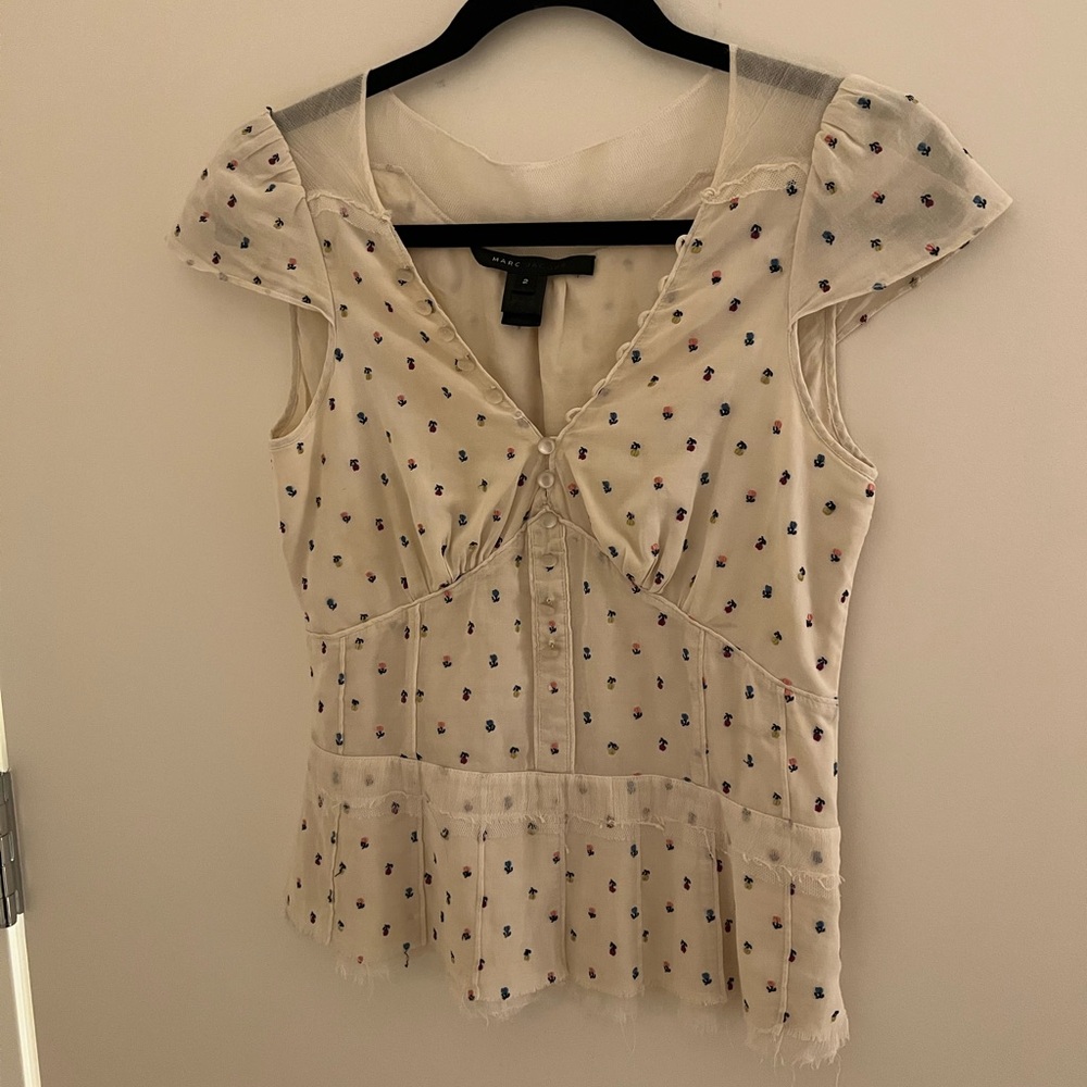 Marc Jacobs Cream Floral Y2K Peplum Short Sleeve Blouse Top [Size 2]
